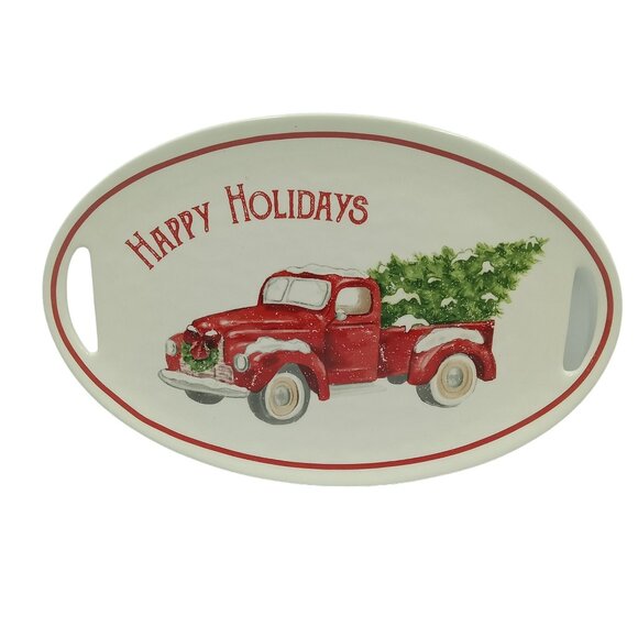 Mud Pie Platter Happy Holidays Red Truck With Christmas Tree Platter - Picture 2 of 11